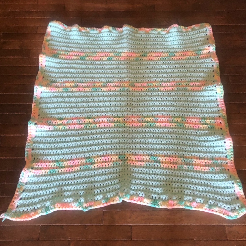 Handmade Baby Blanket Green with Yellow & Pink Accents 96” X 100” approximately